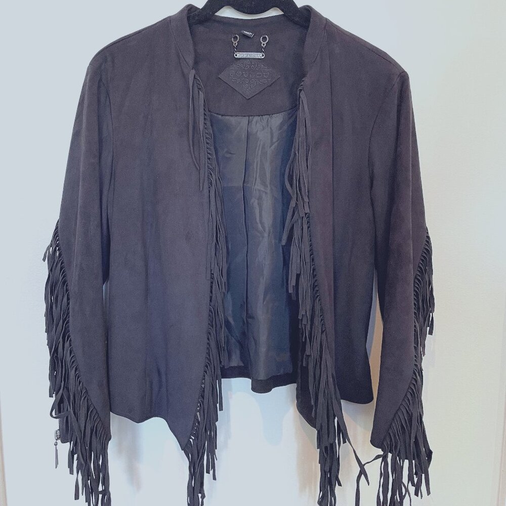Black Faux Suede Fringe Jacket | Size M